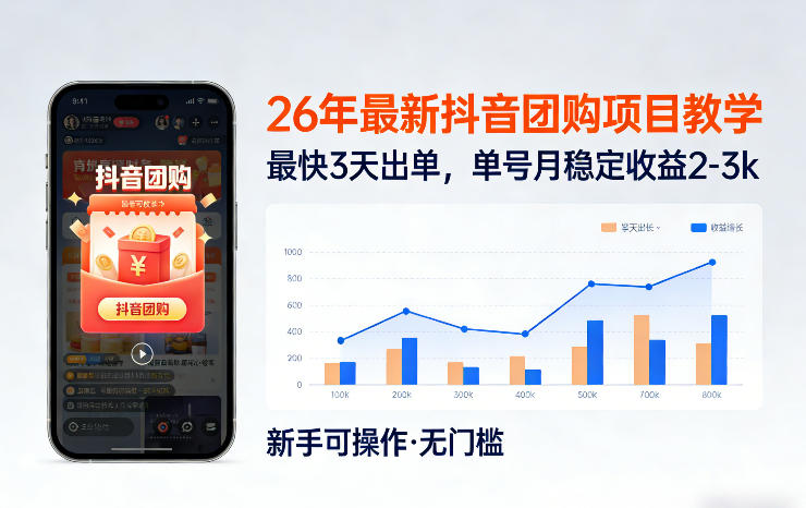 26年最新抖音团购项目教学，0门槛，最快3天出单，单号月稳定收益2-3k-资源宝库