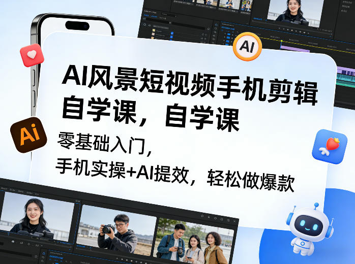 AI风景短视频手机剪辑自学课，零基础入门，手机实操+AI提效，轻松做爆款-资源宝库