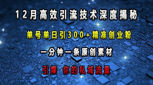 最新高效引流技术深度揭秘 ,单号单日引300+精准创业粉,一分钟一条原创素材,引爆你的私域流量