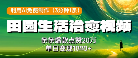 利用AI免费制作田园生活治愈视频，条条爆款点赞20W，单日变现几张-资源宝库