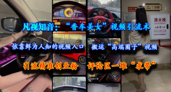 凡视知音：“香车美女”视频引流术，依靠鲜为人知的视频入口，搬运“高端圈子”视频，引流精准创业粉，评论区一堆“求带”-资源宝库