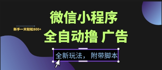 微信小程序全自动撸广告项目，彻底解决没流量的问题，新手一天8张+【揭秘】-资源宝库