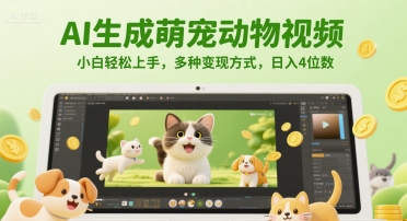 AI生成萌宠动物视频，小白轻松上手，多种变现方式，日入4位数-资源宝库