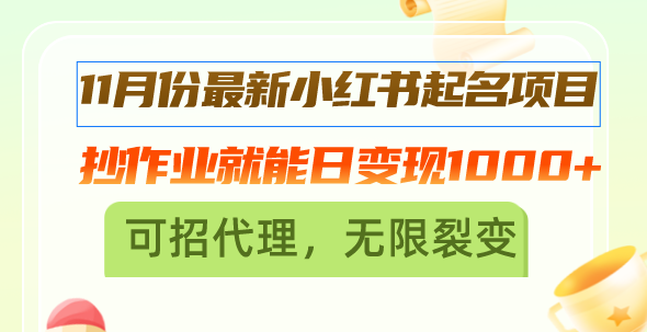 11月份最新小红书起名项目，抄作业就能日变现1000+，可招代理，无限裂变-资源宝库