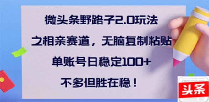 微头条野路子2.0玩法之相亲赛道，无脑搬砖复制粘贴，单账号日稳定300+...-资源宝库