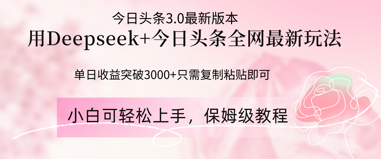 Deepseek结合今日头条全网最新玩法，单日收益突破3000+，只需要简单的...-资源宝库