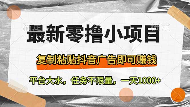 最新零撸小项目，复制粘贴抖音广告即可赚钱，平台大水，任务不限量，一…-资源宝库