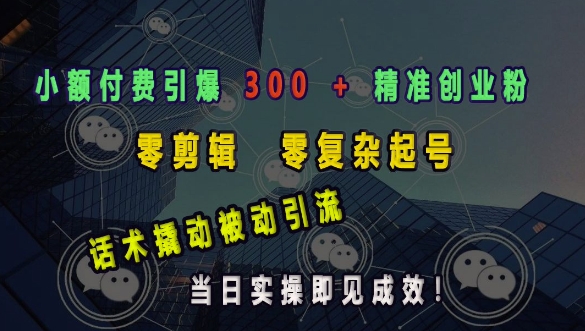 小额付费引爆 300 + 精准创业粉，零剪辑、零复杂起号，话术撬动被动引流，当日实操即见成效-资源宝库