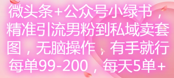 微头条+公众号小绿书，精准引流男粉到私域卖套图，无脑操作，有手就行，每单99-200，每天5单-资源宝库