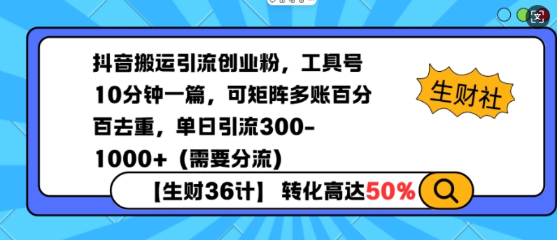 抖音搬运引流创业粉,工具号10分钟一篇,可矩阵多账百分百去重,单日引流300+(需要分流)